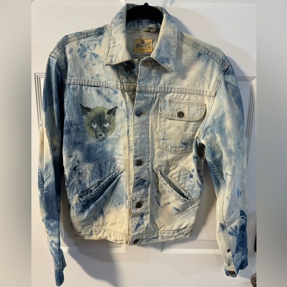 Wrangler Jackets & Blazers - VTG 50s WRANGLER BLUE BELL DENIM SANFORIZED JACKET 34 Tie Dyed Hand Painted Cat